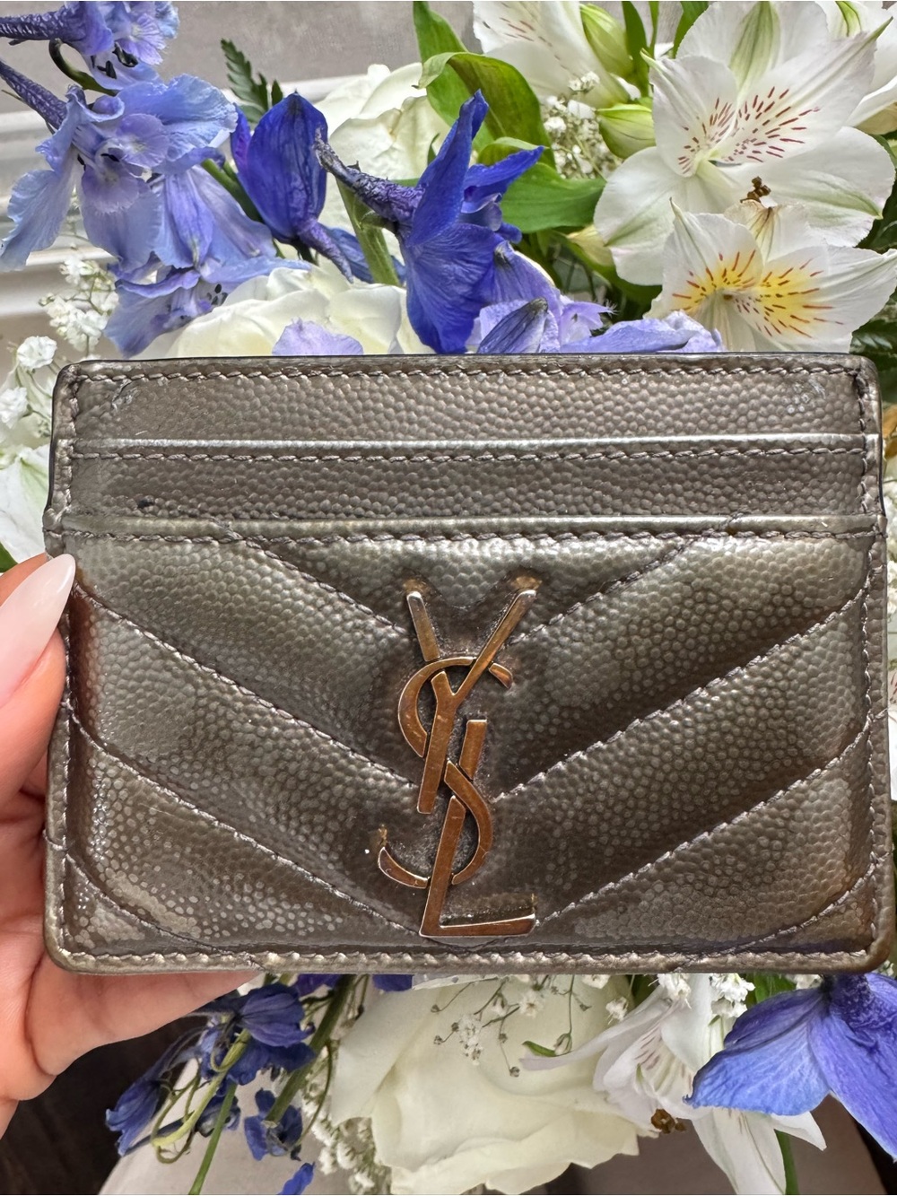 Saint Laurent Metallic Pewter Quilted Card Holder with YSL Monogram